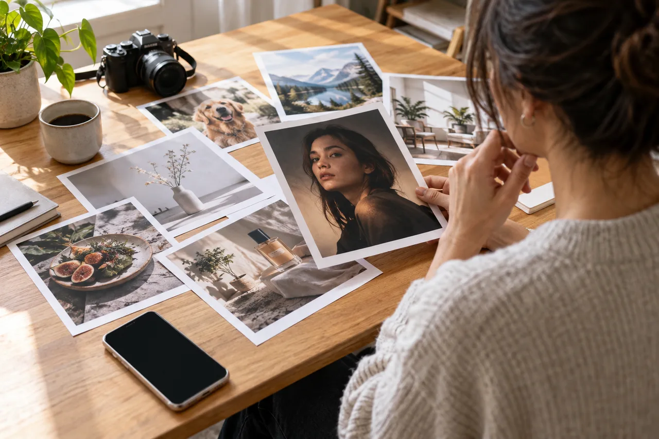 Подборка фотографий и смартфон на столе во время выбора инструмента для ИИ-фото